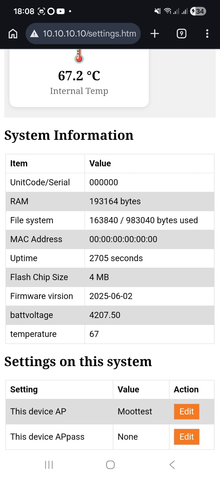 Settings page